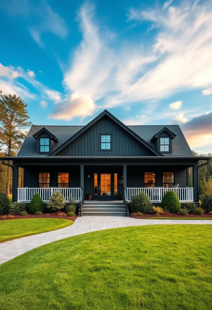 Black farmhouse with white railings and a wraparound porch.