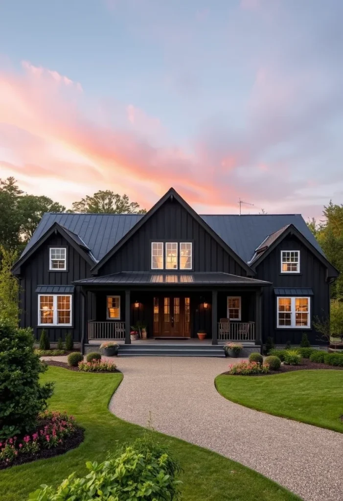 Black farmhouse with warm lighting and a welcoming porch.