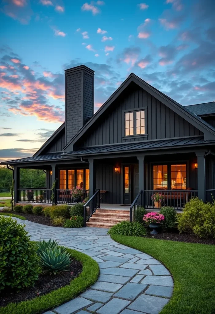 Black farmhouse with a stone path and striking chimney.