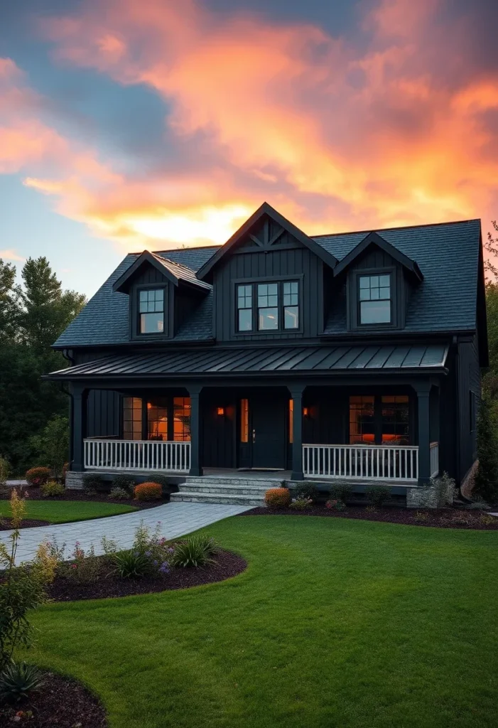 Black farmhouse with white railings and sunset glow.