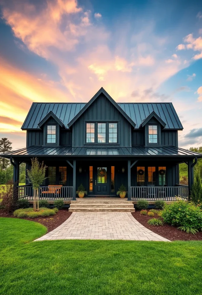 Modern black farmhouse with metal roof and inviting porch.