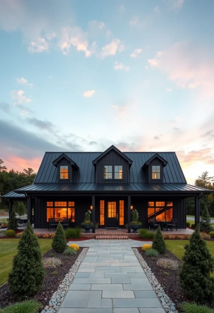 Classic black farmhouse with dormer windows and wraparound porch.