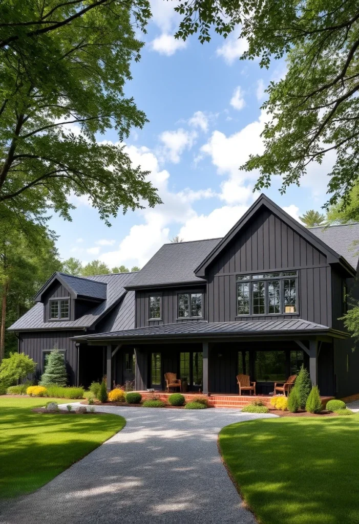 Black farmhouse with large windows, board-and-batten siding, and a covered porch.