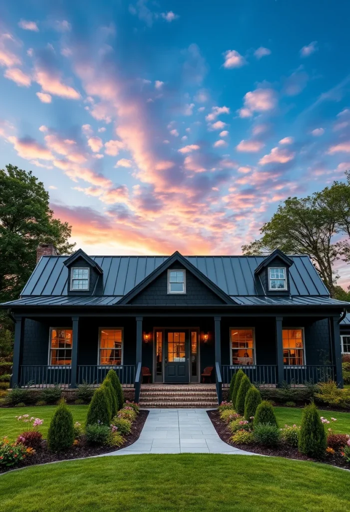 Elegant black farmhouse with dormer windows, metal roof, and inviting porch.