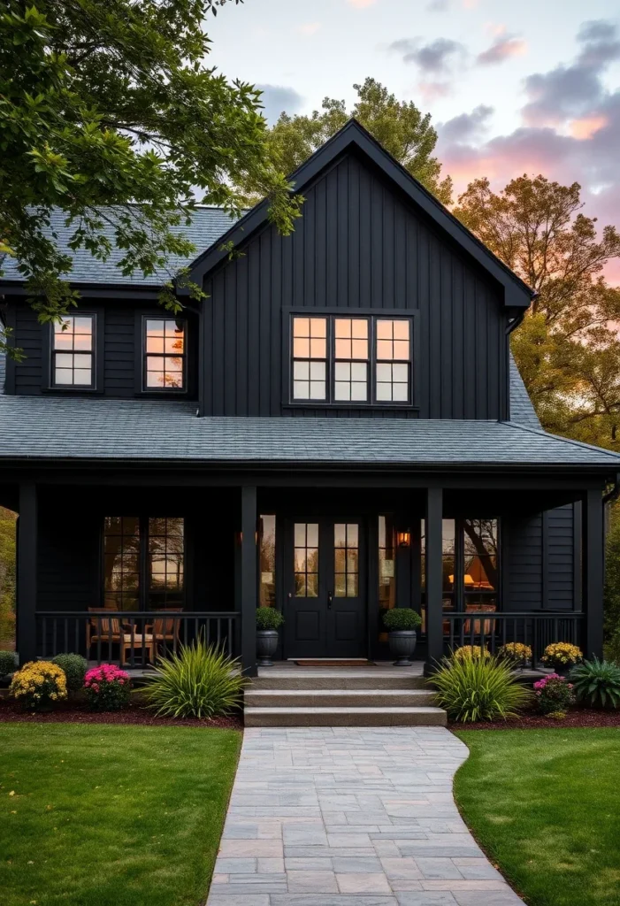 Modern black farmhouse with front porch, potted plants, and curved stone walkway.