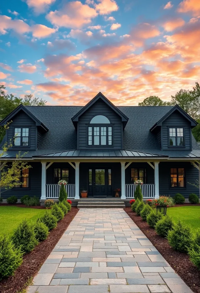 Black farmhouse with arched window, white columns, and stone walkway lined with greenery.