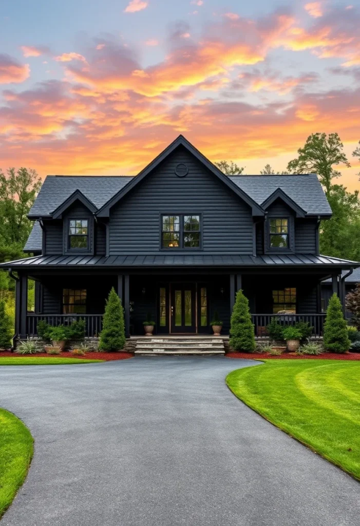 Classic black farmhouse with a wraparound porch, double-door entrance, and a paved driveway.