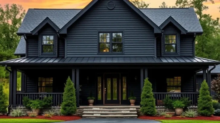 Classic black farmhouse with a wraparound porch, double-door entrance, and a paved driveway.