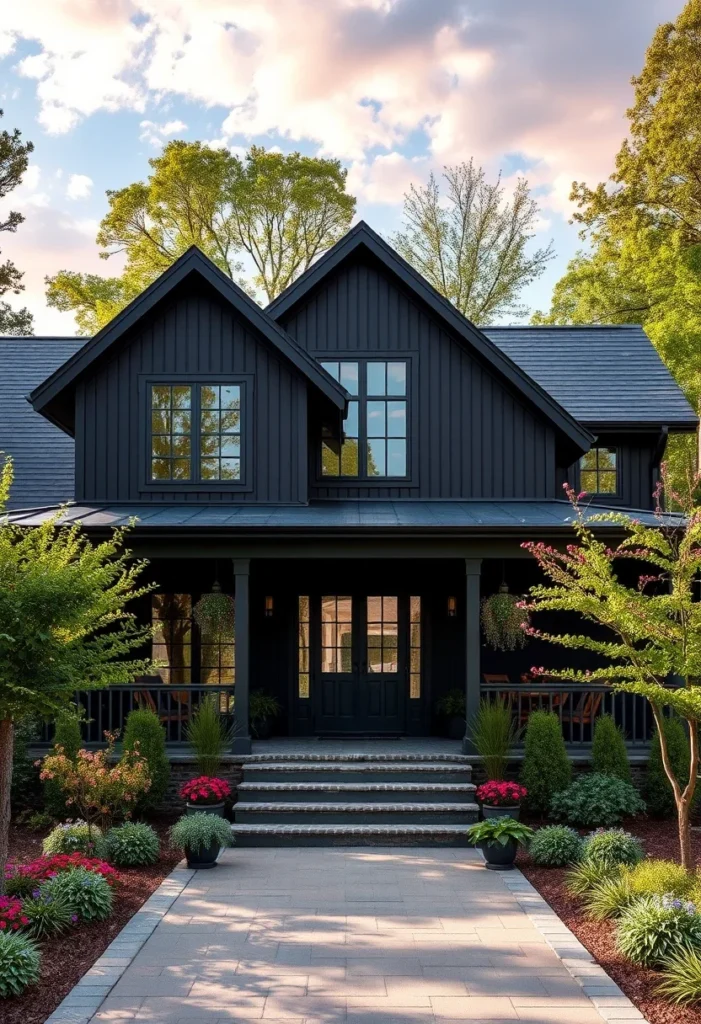 Modern black farmhouse with large windows, lush landscaping, and a stylish front porch.