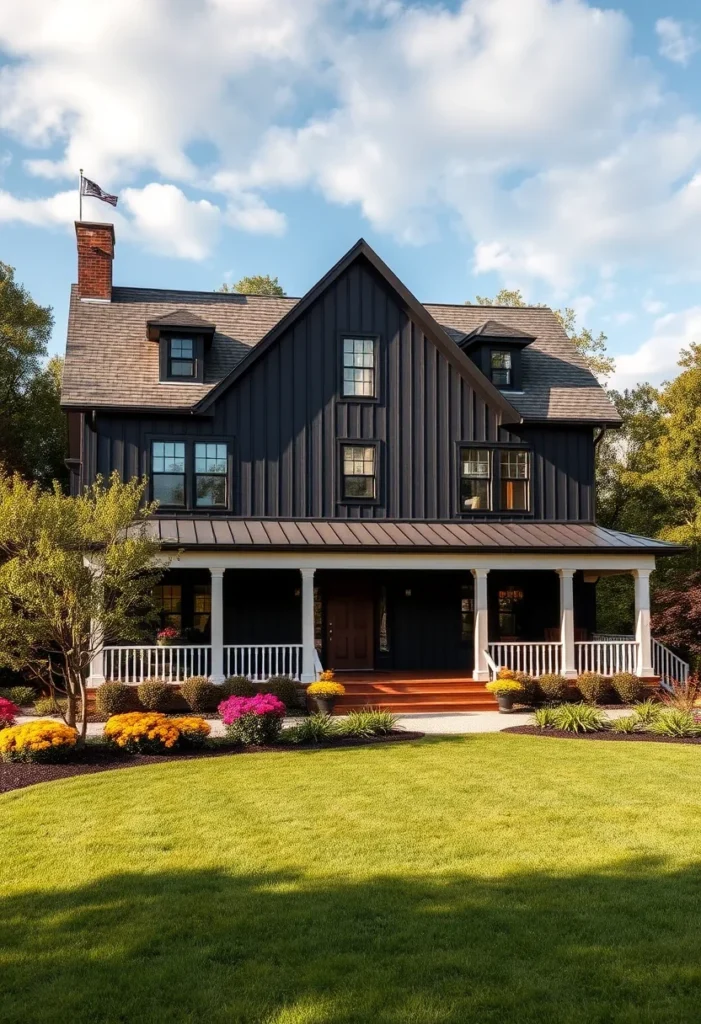 Classic black farmhouse with white railings, wraparound porch, and bold curb appeal.