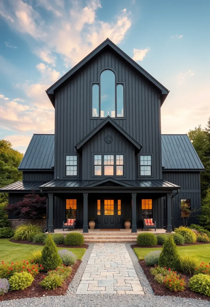 Grand black farmhouse with arched window, metal roof, and inviting front porch.