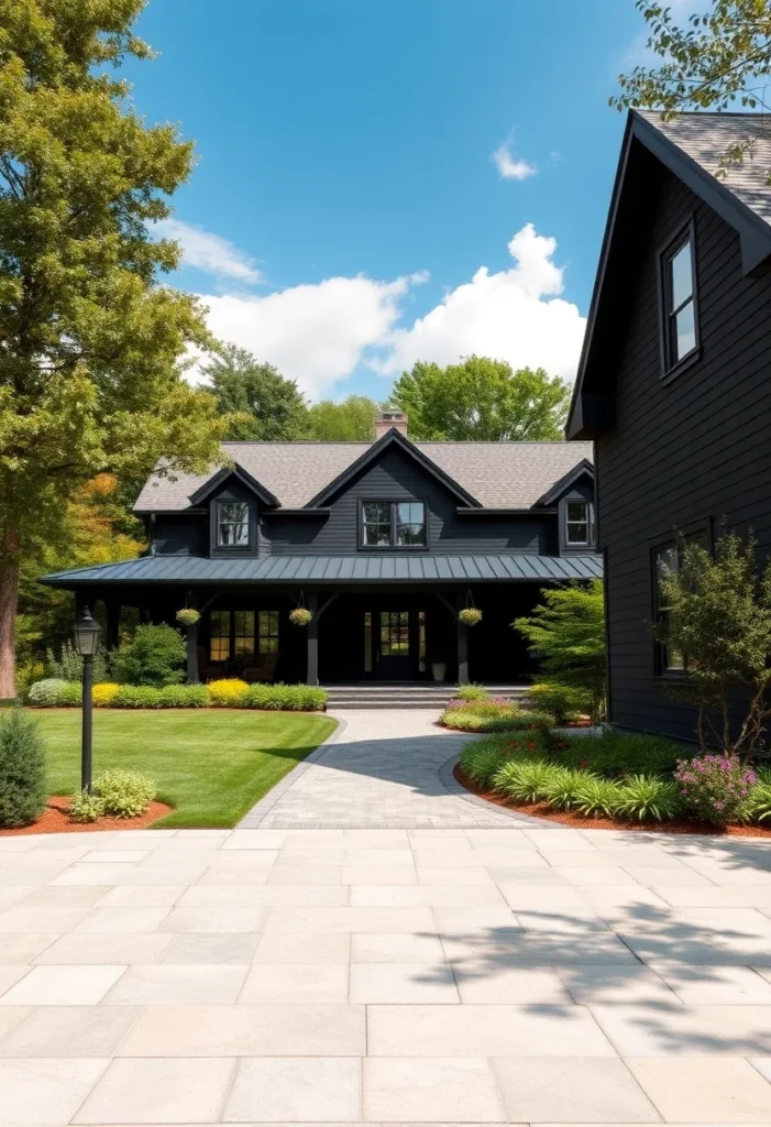 Expansive black farmhouse with covered porch, hanging plants, and stone pathway.