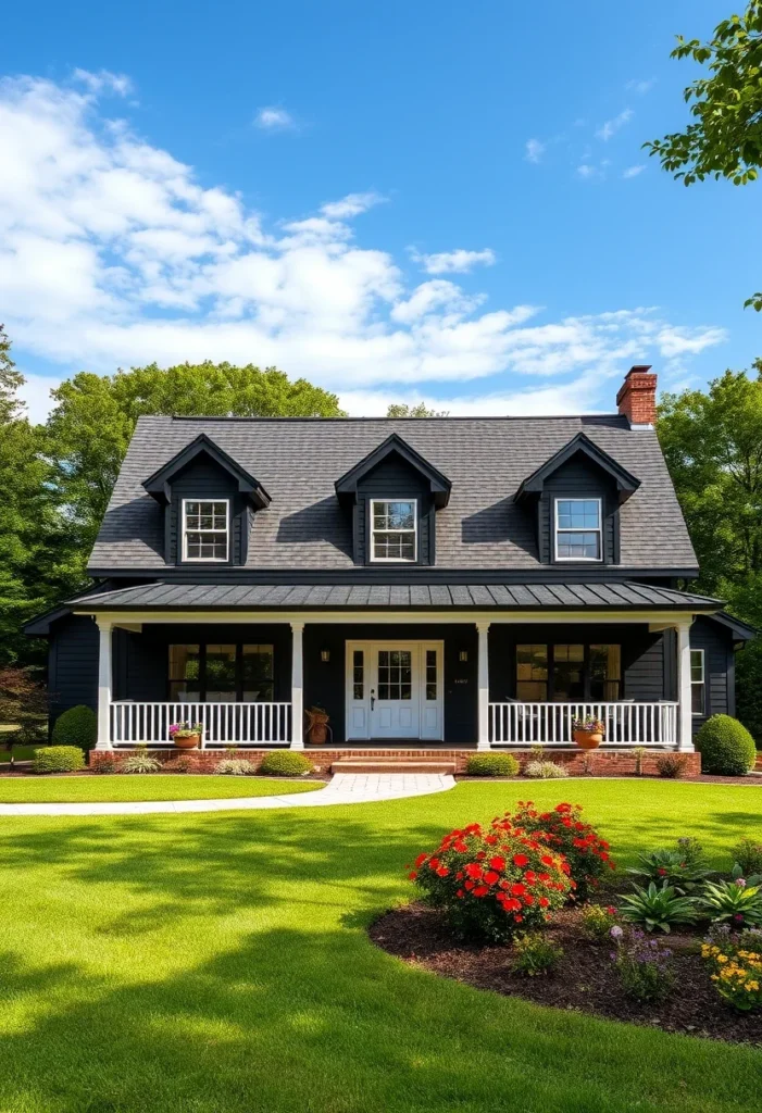 Black farmhouse with dormer windows, white trim, and a welcoming wraparound porch.