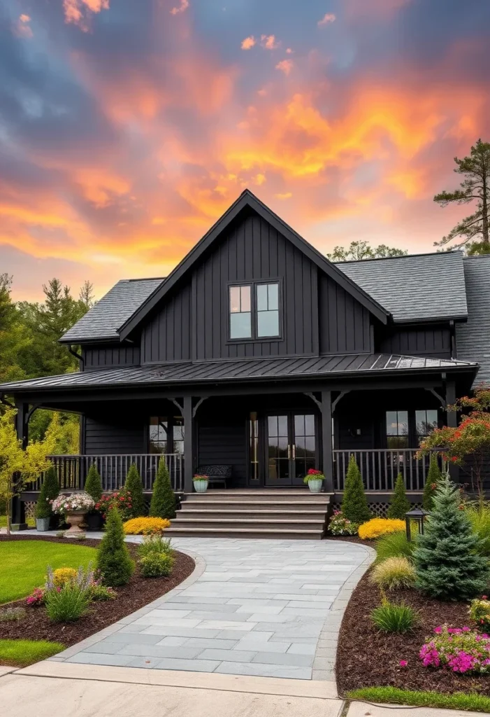 Cozy black farmhouse with wraparound porch, lush landscaping, and a sunset backdrop.