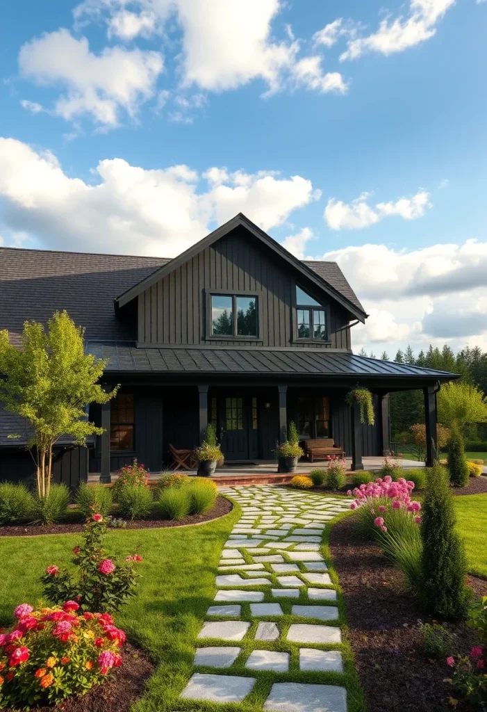 Black farmhouse with a stone pathway, lush garden, and spacious front porch.