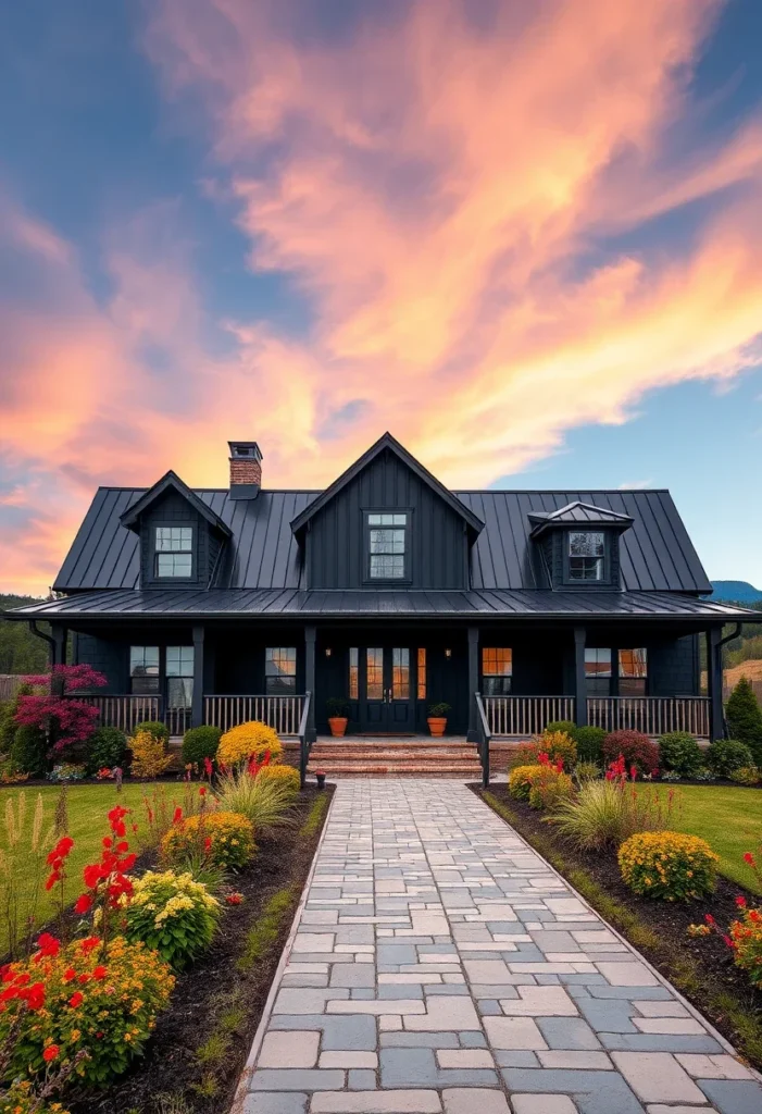 Elegant black farmhouse with metal roof, symmetrical windows, and stone pathway