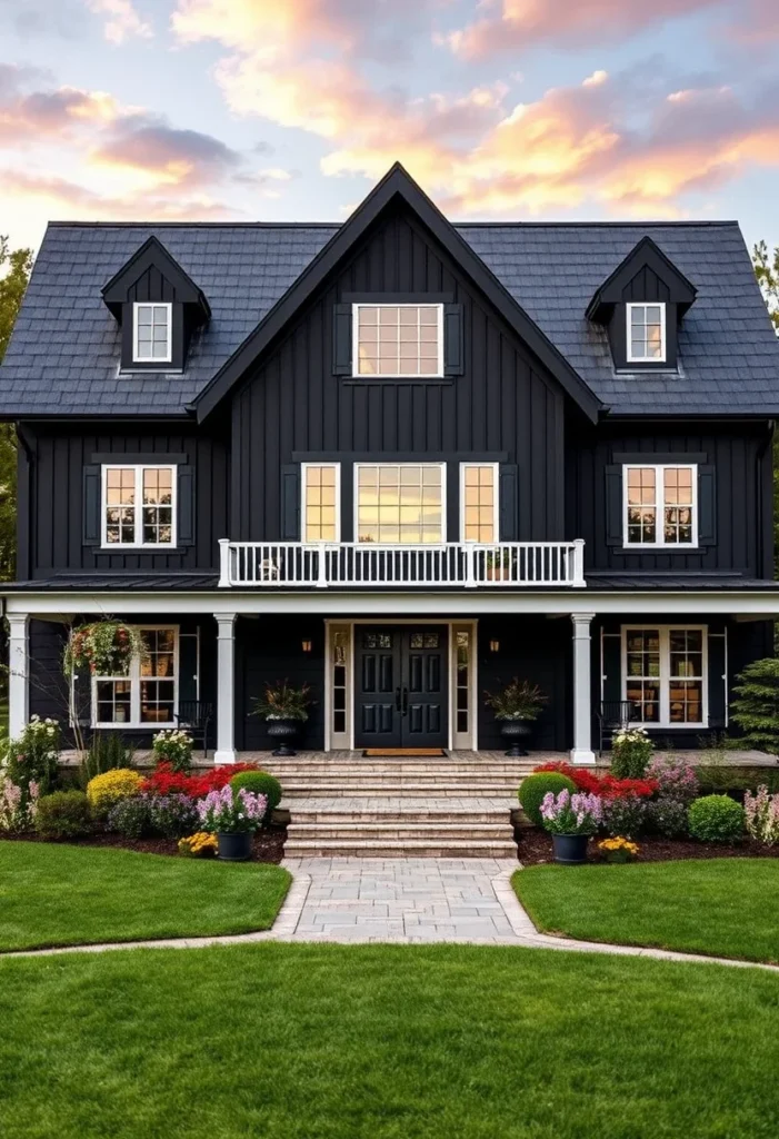 Large two-story black modern farmhouse with symmetrical windows, dormers, and a grand entrance.