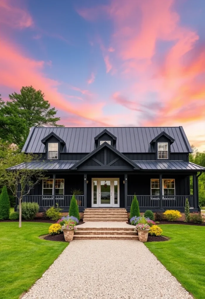 Black modern barndominium with metal roof, symmetrical windows, and a welcoming front porch