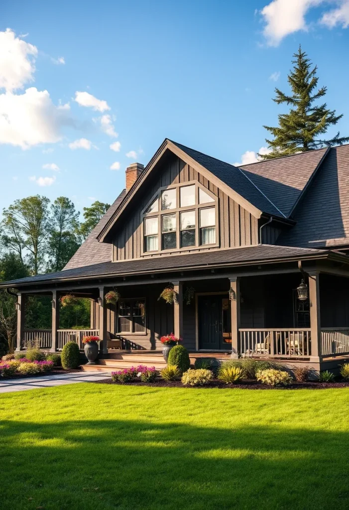 Black farmhouse with large shed dormer, wrap-around porch, and well-manicured lawn