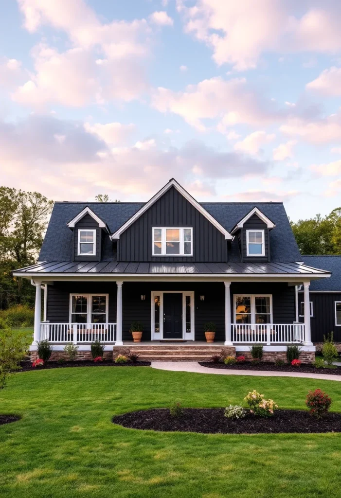 Black modern farmhouse with three dormer windows, white trim, and a welcoming front porch