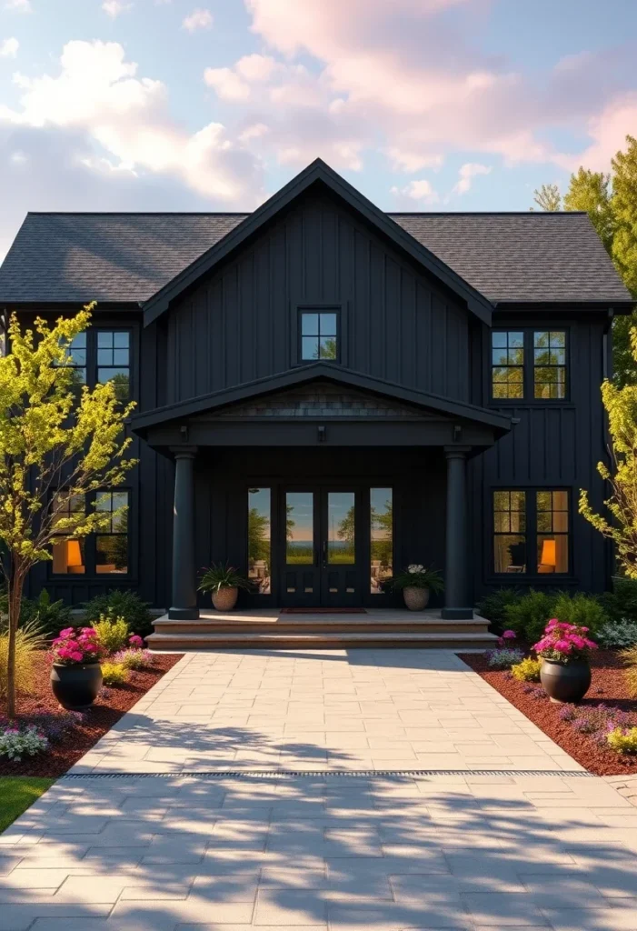 Contemporary black farmhouse with symmetrical windows, a simple porch, and a concrete walkway