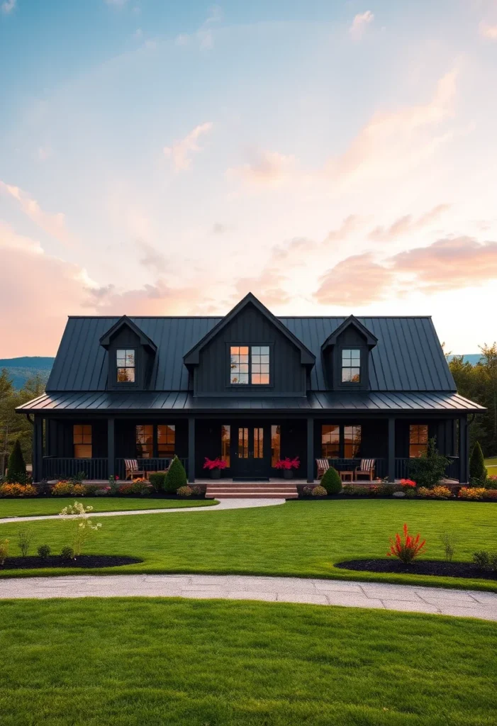 Black modern farmhouse with a large wrap-around porch, metal roof, and three dormer windows