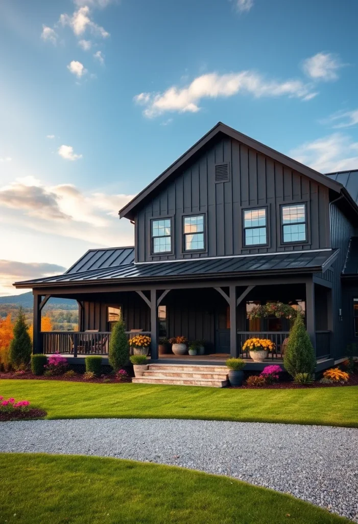 Black metal roof barndominium with a wrap-around porch and board and batten siding