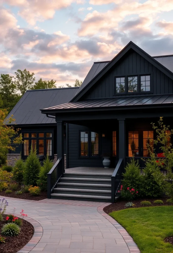 Black modernBlack farmhousescovered porch, mixed siding, and a stone walkway