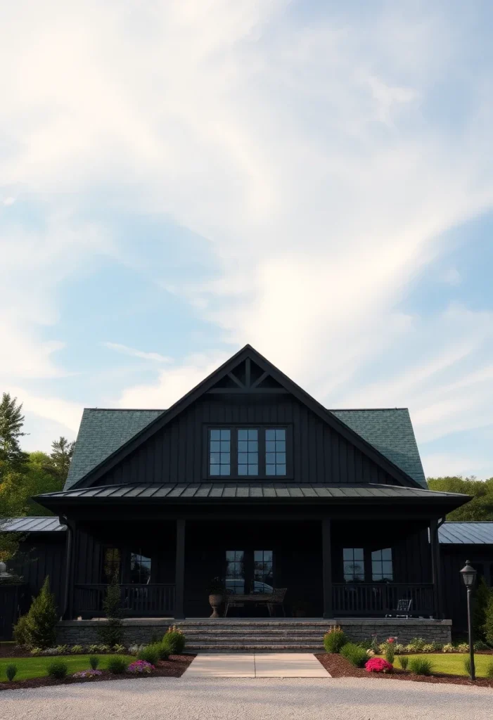 Black farmhouses with a large wrap-around porch, metal roof, and symmetrical windows