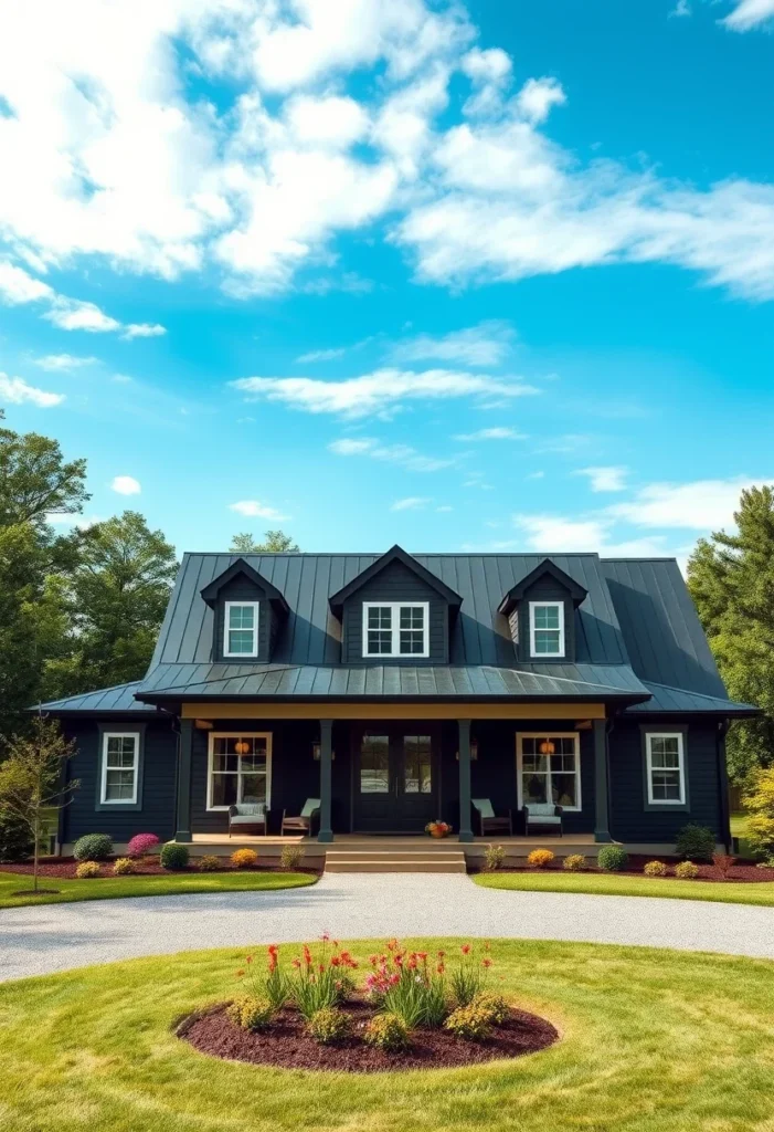 Black farmhouses with a metal roof, three dormer windows, and a circular driveway