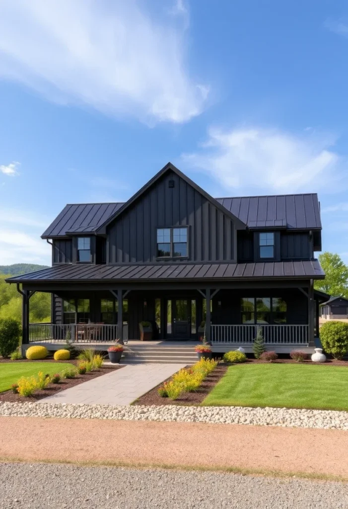 Symmetrical modern black farmhouse with wrap-around porch and metal roof