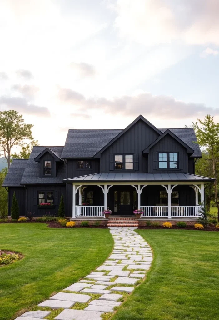 Black farmhouses with a large wrap-around porch, white railings, and a curved stone pathway