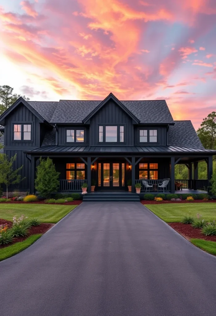 Black farmhouses with board and batten siding, a large front porch, and a paved driveway