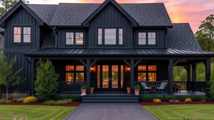 Black modern farmhouse with board and batten siding, a large front porch, and a paved driveway