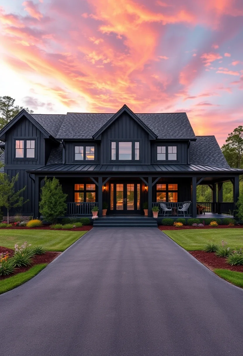 Black modern farmhouse with board and batten siding, a large front porch, and a paved driveway