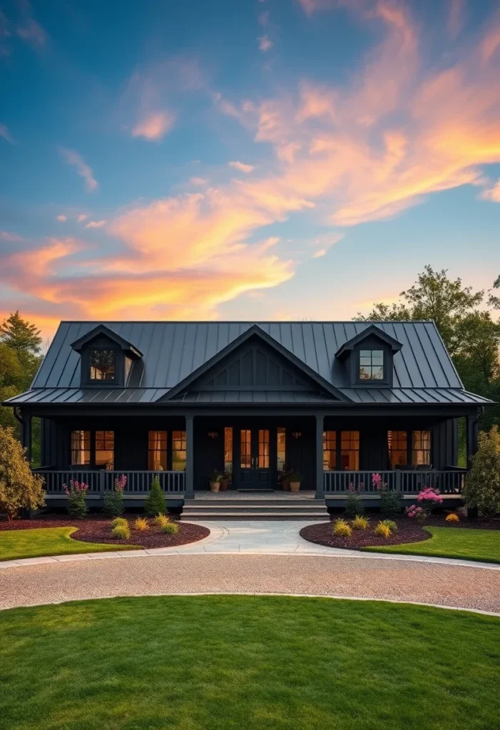 Black single-story modern farmhouse with a wrap-around porch, dormer windows, and a metal roof