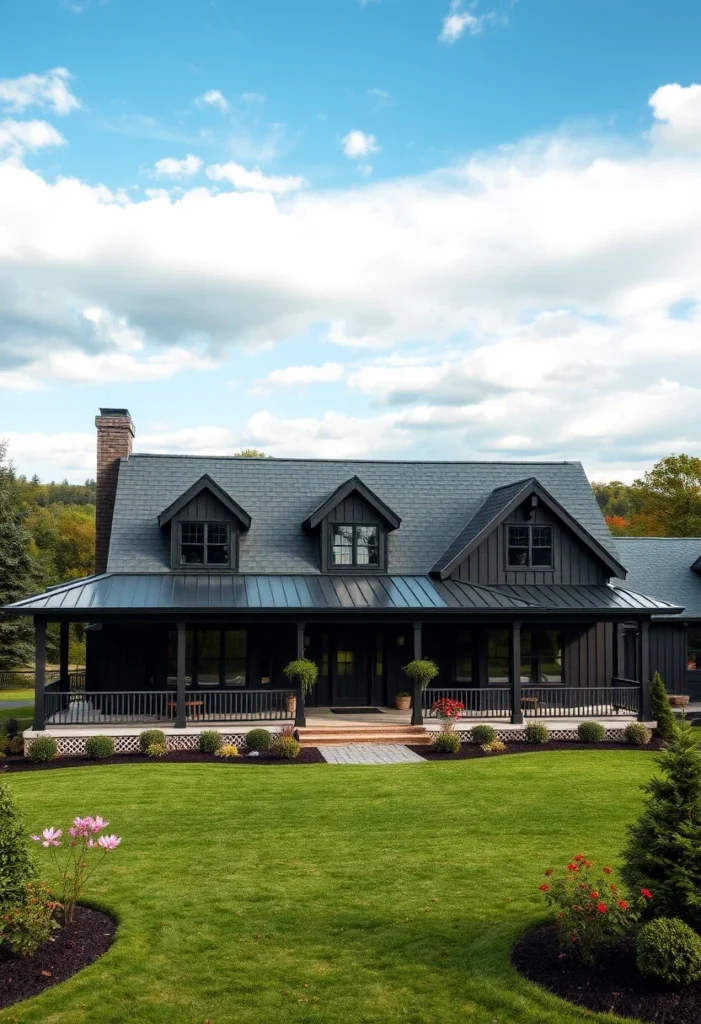 Black traditional farmhouse with a large wrap-around porch, dormer windows, and a metal roof