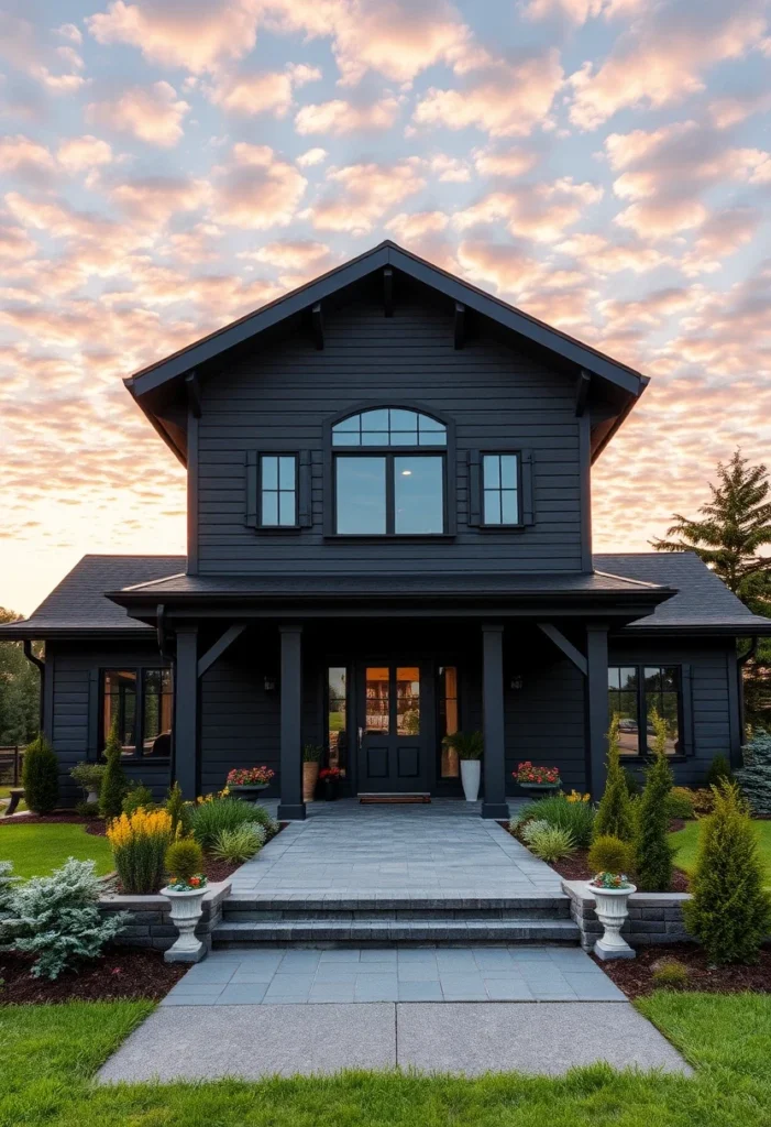 Black modern-traditional farmhouse with an arched window, covered porch, and symmetrical design