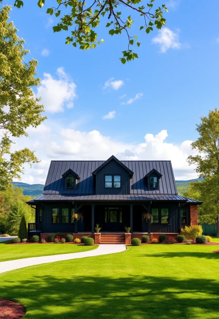 Black barn dominium style home with prominent gable roof and brick foundation