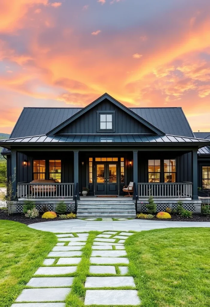 Black 1-story rustic country farmhouse with symmetrical windows and stone walkway