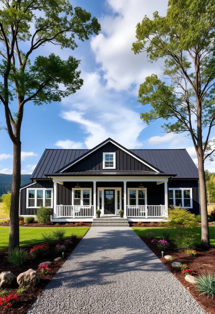 Black modern farmhouse with white trim, symmetrical windows, and a gravel pathway