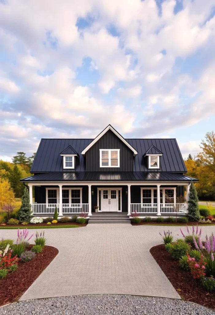 Black two-story modern farmhouse with wrap-around porch, white trim, and dormer windows