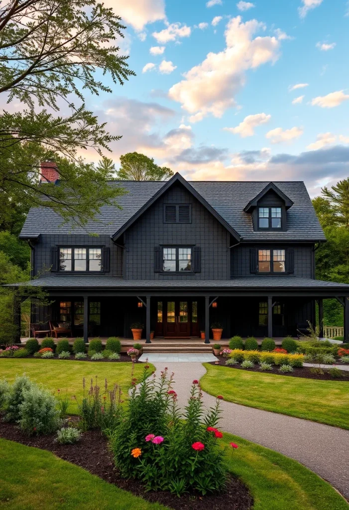 Large black modern farmhouse with shingle siding, wrap-around porch, and symmetrical windows.