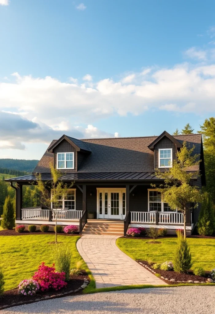 Raised black farmhouse with wrap-around porch, white trim, and dormer windows