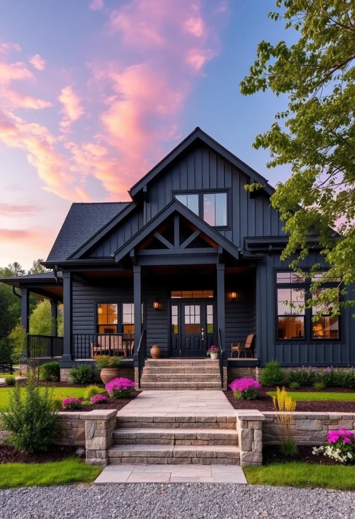 Black farmhouse with board and batten siding, stone steps, and covered porch