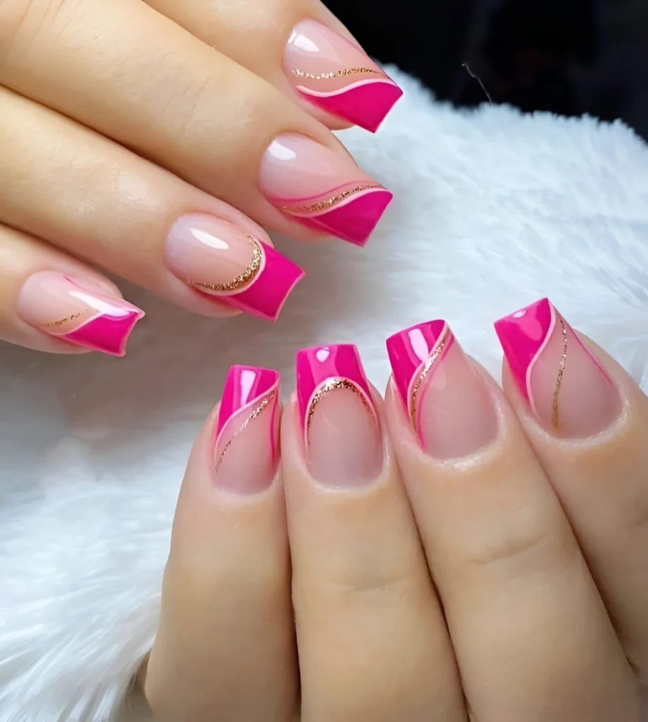 Bougainvillea Nail Design: Pink French Tip with Gold Glitter