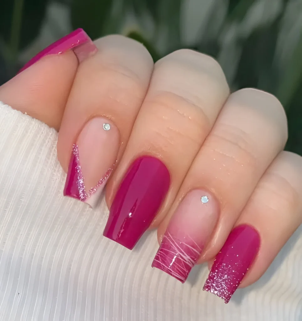 Mixed Design Bougainvillea Nails with Glitter, French Tip, and Ombre