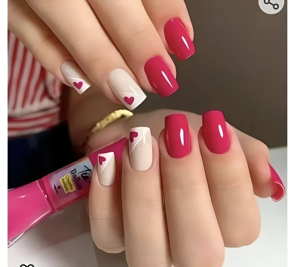 Bougainvillea Pink Nails with White Heart Accent Nails