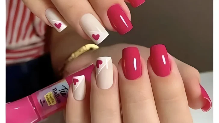 Bougainvillea Pink Nails with White Heart Accent Nails