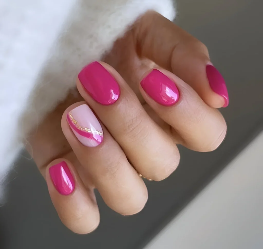 Bougainvillea Pink Nails with Gold Stripe Accent Nail